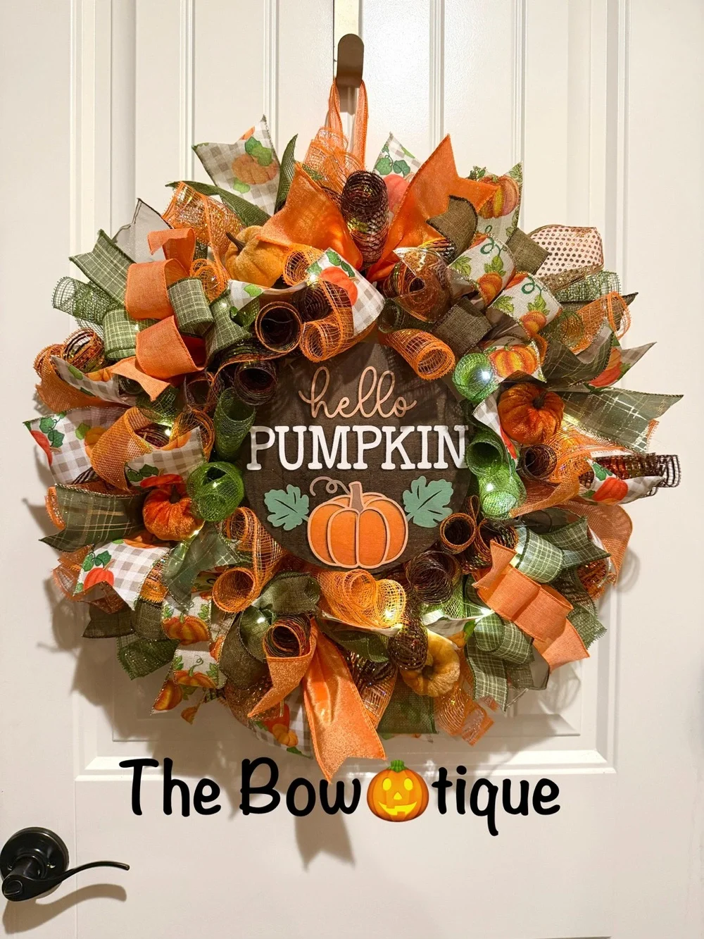 Handmade Hello Pumpkin Ribbon Welcome Door Wreath Fall Leaf 22 in LED W24